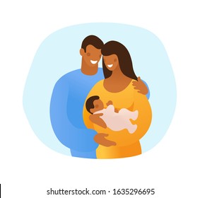 A man hugs and takes care of his wife and child. Mom hugs a newborn baby. Black married couple with son or daughter. Simple vector illustration