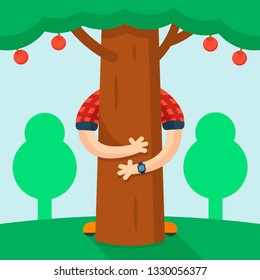 man hugs a tree with apples on the background of other trees