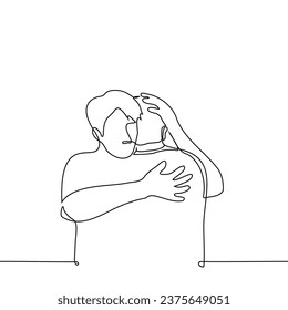 el hombre abraza a un hombre mientras acaricia su cabeza - un vector de arte de una línea. abrazo conceptual de seres queridos, amigos, hermanos