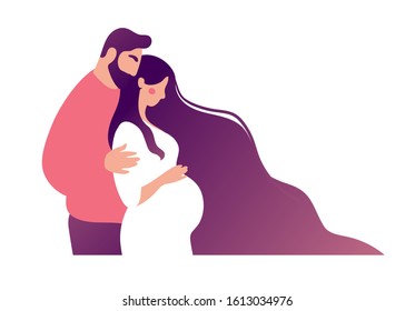 A man hugs a woman awaiting the birth of a child. Concept illustration about pregnancy, motherhood, family, parenthood. Dad hugs a young pregnant mom. Flat vector illustration.