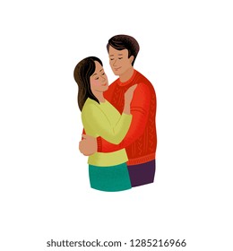 Man hugs the woman looking at her with tenderness. Vector isolated illustration with texture. Cartoon characters for the feast of Saint Valentine