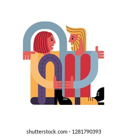 A man hugs a woman. Lovers sit together. Card for Valentine's Day. Vector illustration in flat style.