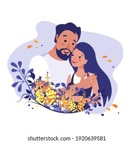 The man hugs the woman. relationships between people. Love, care and support. Vector spring illustration of people in a floral frame.