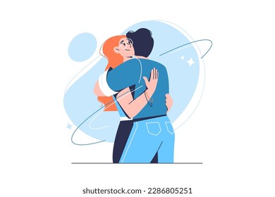 Man hugs woman, vector illustration. Close relationship concept.