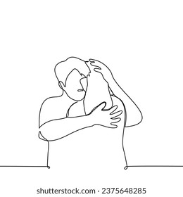 el hombre abraza a la mujer mientras acaricia su cabeza - un vector de arte de una línea. abrazo conceptual de seres queridos