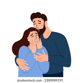 El hombre abraza, apoya y reconforta a su llorosa mujer, compañera en el estrés y la desesperación. Pareja en el dolor juntos. Preocupada persona temerosa que sufre. Ilustración plana vectorial aislada en fondo blanco