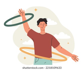 Man with hula hoop. Young guy trains and performs physical exercises. Fitness and sports concept. Poster or banner for website. Cardio training and fat burning. Cartoon flat vector illustration