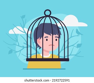 Man, human brain trapped in cage, obstruction. Depression, panic and worry, obsessed, memory problems, cognitive therapy, mind under influence, self-control, prisoner capture. Vector illustration