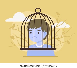 Man, Human Brain Trapped In Cage, Obstruction. Depression, Panic Worry, Obsessed, Memory Problems, Cognitive Therapy, Mind Under Influence, Self-control, Prisoner Capture. Vector Creative Illustration