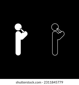 Man human drinking water alcohol beer from bottle standing position set icon white color vector illustration image solid fill outline contour line thin flat style