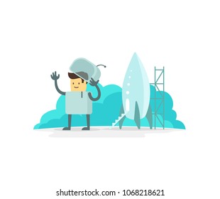 Man human spacesuit character luck cute spaceman move ones hand to and fro in greeting. Astronaut near the spaceship. Flat color vector illustration stock
