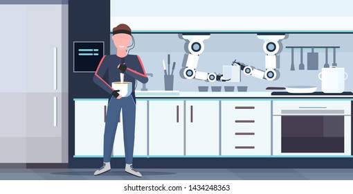 man humanoid with wires electrodes indicators controlling smart handy chef robot preparing food robotic assistant innovation artificial intelligence concept modern kitchen interior flat horizontal