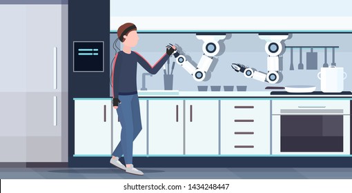 man humanoid with wires electrodes indicators handshaking smart handy chef robot robotic assistant innovation technology artificial intelligence concept modern kitchen interior flat horizontal