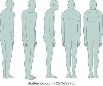 A man with a hunched back. Illustrations of the front, back, diagonally forward, diagonally backward, and the whole body