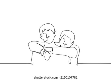 man hung on his back hugging his friend - one line drawing vector. skinship concept between men, close relationship, best friend