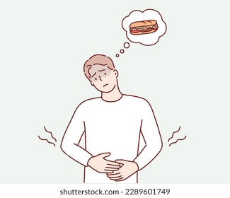 man is hungry and wants to eat. Hand drawn style vector design illustrations.