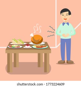 Un hombre tiene hambre cuando mira mucha comida. Su saliva fluye de su boca y su estómago gruñendo. El estómago de un hombre ruge el vector del concepto.