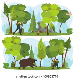 man hunt for a duck in the forest. hunter shoots a bear. vector