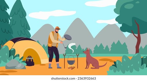 Man Jäger kochen im Feuer im Freien in der Feldküche auf dem Campingplatz nach dem Wandern. Vektorgrafik von Jäger und Feuer in der Nähe von Campingplatz, Studiokochen