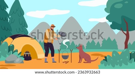 Man hunter cooking on fire outdoors on field kitchen in camping site after hiking. Vector of hunter and fire near camp, illustration cooking