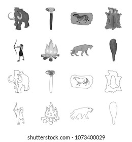 Man, hunter, onion, bonfire .Stone age set collection icons in outline,monochrome style vector symbol stock illustration web.