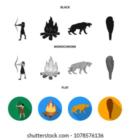 Man, hunter, onion, bonfire .Stone age set collection icons in black, flat, monochrome style vector symbol stock illustration web.