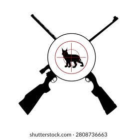 Man hunter with sight sniper rifle aims at lynx vector silhouette illustration isolated. Sport hunting wild animal target shape. Precise shoot targeting at bobcat prey shadow. Hunt shooting predator.