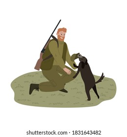 Cazador de hombres sentado y jugando con el perro durante la caza