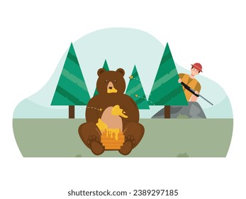 A man hunter wearing a hat is hiding to target shoot a bear that is eating honey. Character design. Vector flat illustration