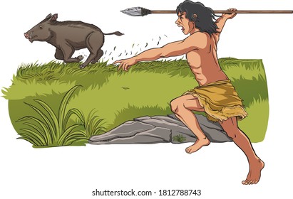 A Man Hunting A Boar In Ancient Time - Vector