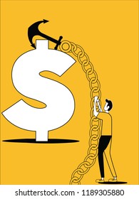Man hunting the dollar with ship anchor