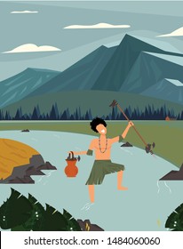 A man hunting fish in river using spear in the beautifull nature background, Spear fish in river wildlife with traditional weapon vector illustrational flat design, ancient life in indonesia 