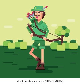 man is hunting in forest. he is hunting with arrow.