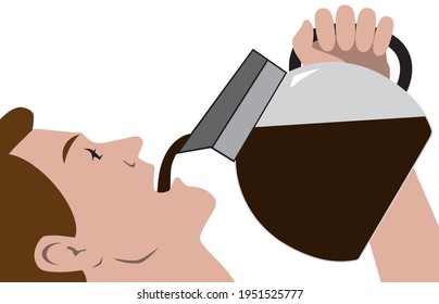 A man in a hurry for his morning coffee is drinking it straight from the pot