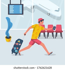 Man hurry on vacation. Young male in a beach dress with suitcase runs on plane. Discovery of travel. Vector flat design. Isolated on white background. Going on vacation. Weekend to an exotic country