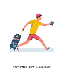 Man hurry on vacation. Young male in a beach dress with suitcase runs on plane. Discovery of travel. Vector flat design. Isolated on white background. Going on vacation. Weekend to an exotic country