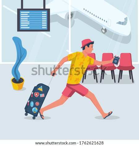 Man hurry on vacation. Young male in a beach dress with suitcase runs on plane. Discovery of travel. Vector flat design. Isolated on white background. Going on vacation. Weekend to an exotic country