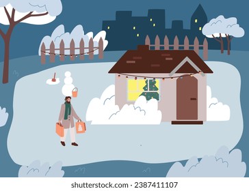 Man hurrying home with shopping bags on the Christmas eve. House in winter. Cozy home. New Year.