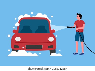 Man husband washing car at home in flat design.