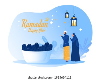 man husband woman wife religious islamic Fasting feast party Ramadan Kareem, Iftar with illustration 