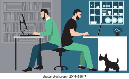 Man in hybrid work place sharing his time between an office and working from home remotely, EPS 8 vector illustration	

