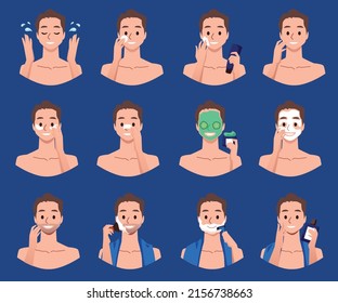 Man hygiene skincare cosmetic procedures set of vector illustration isolated on background. Portraits of men caring for facial skin health and treatment.