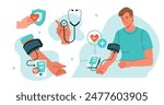 Man with hypertension checking heart health with blood pressure monitor at home. Vector illustration.