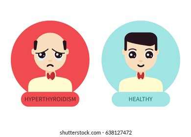 Man with hyperthyroid gland versus healthy man. Hyperthyroidism goiter symbol. Thyroid diagram sign. Medical concept. Anatomy of people. Vector illustration made in cartoon style.