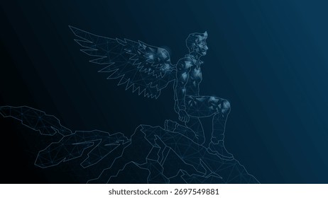 A man Icarus stands on the edge of a cliff. A man with wings behind a kick before flight.Vector abstract illustration wireframe, network, low poly.