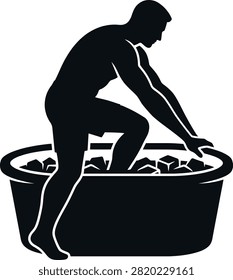 Man in ice bath, cold therapy, wellness, recovery.