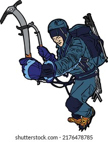 man Ice climbing glacier cliff  