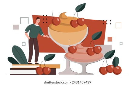 Man with ice cream dessert. Young guy near delicacies with cherry. Frozen sweet products for summer season. Gelato in glasses. Cartoon flat vector illustration isolated on white background