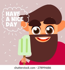 Man with ice cream in hand is smiling and happy in a cartoon style. Summer time. Vector illustration.