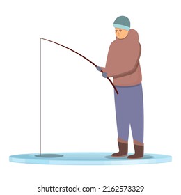 Man ice fishing icon cartoon vector. Winter hole. Frozen lake